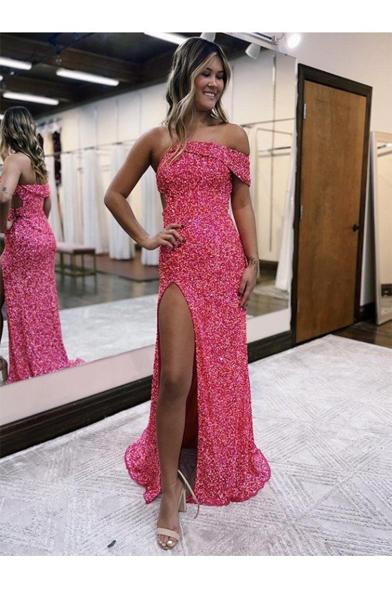 Sydney One Shoulder Sleeveless Long Sweep Train Velvet Sequin Prom Dress with Side Slit