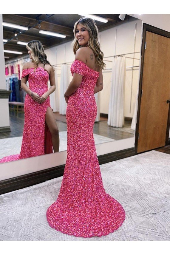 Sydney One Shoulder Sleeveless Long Sweep Train Velvet Sequin Prom Dress with Side Slit