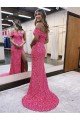 Sydney One Shoulder Sleeveless Long Sweep Train Velvet Sequin Prom Dress with Side Slit