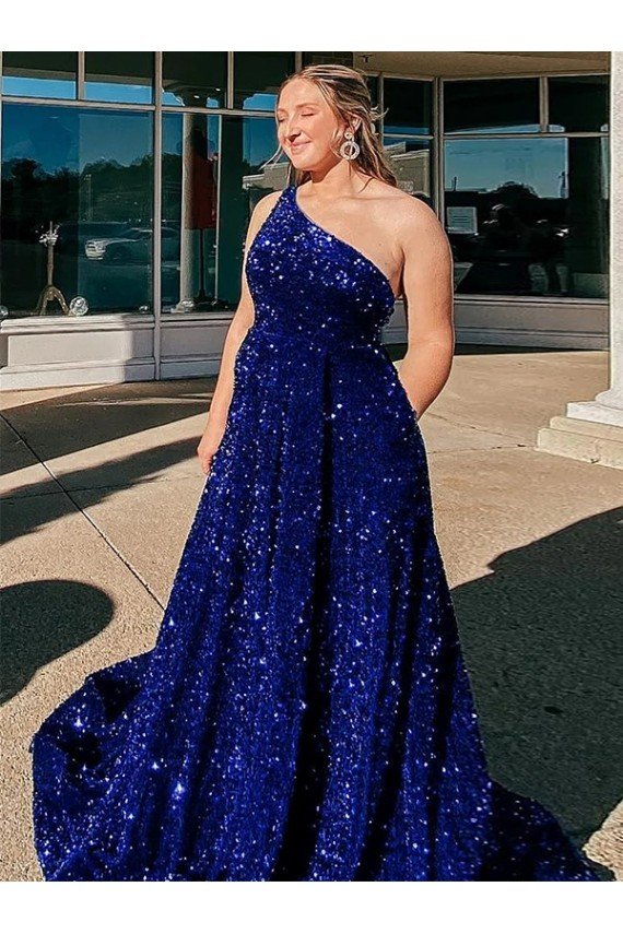 Sydney A-Line One Shoulder Sleeveless Long Sweep Train Velvet Sequin Prom Dress with Pockets