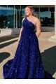 Sydney A-Line One Shoulder Sleeveless Long Sweep Train Velvet Sequin Prom Dress with Pockets