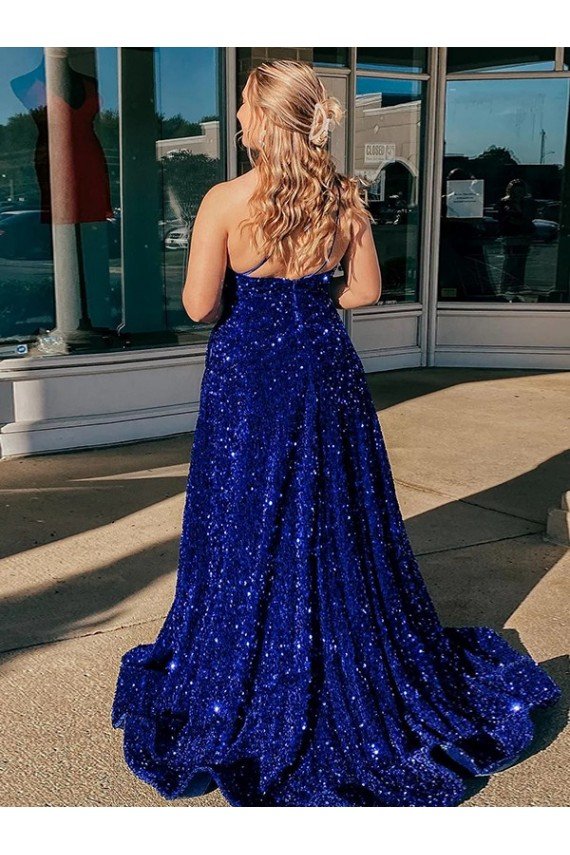 Sydney A-Line One Shoulder Sleeveless Long Sweep Train Velvet Sequin Prom Dress with Pockets