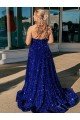 Sydney A-Line One Shoulder Sleeveless Long Sweep Train Velvet Sequin Prom Dress with Pockets