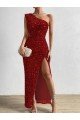Sydney One Shoulder Sleeveless Long Floor Length Velvet Sequin Prom Dress with Slit