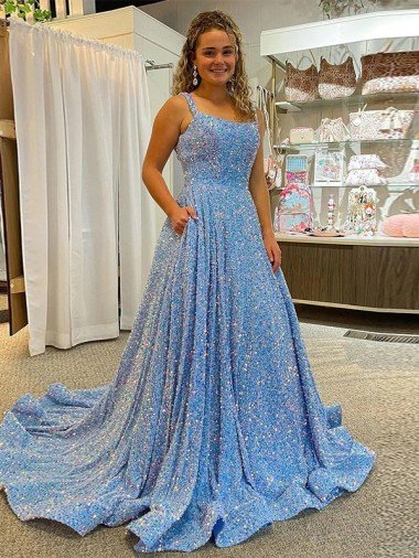 Sydney A-Line Scoop Sleeveless Long Court Train Velvet Sequin Prom Dress