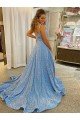 A-Line Scoop Sleeveless Long Court Train Velvet Sequin Prom Dress