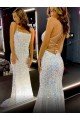 Sydney Long Spaghetti Straps Sleeveless Sweep Train Velvet Sequin Prom Dress