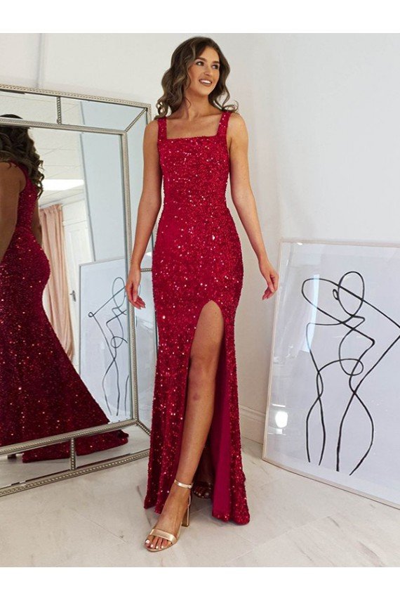 Sydney Square Neck Sleeveless Long Velvet Sequin Prom Dress with Slit