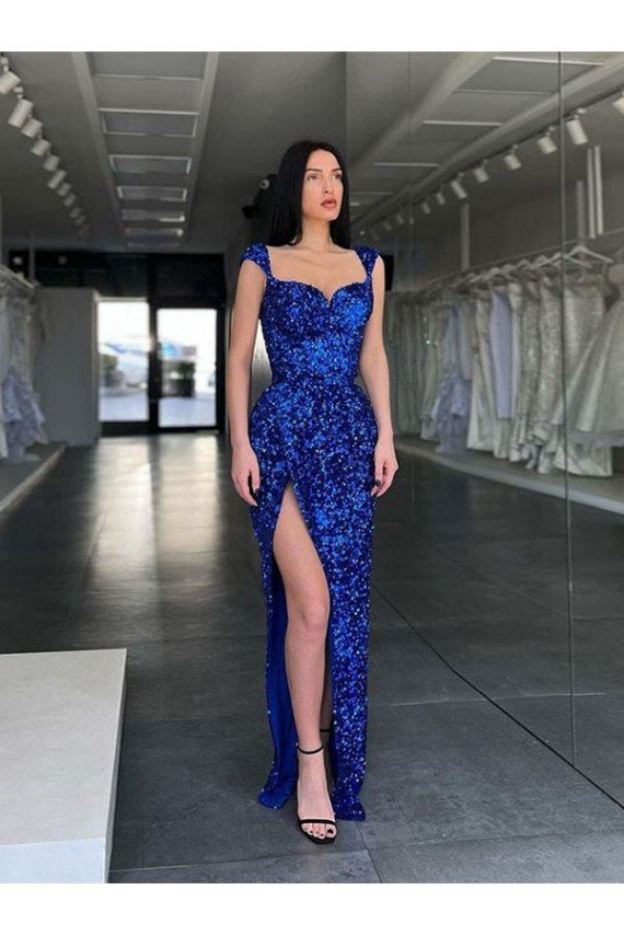Sydney Sleeveless Long Sweep Train Velvet Sequin Prom Dress with High Slit and Straps