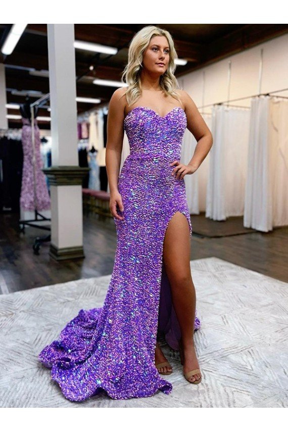 Sydney A-Line Sweetheart Sleeveless Long Velvet Sequin Prom Dress with Slit