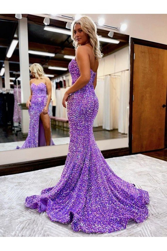 Sydney A-Line Sweetheart Sleeveless Long Velvet Sequin Prom Dress with Slit