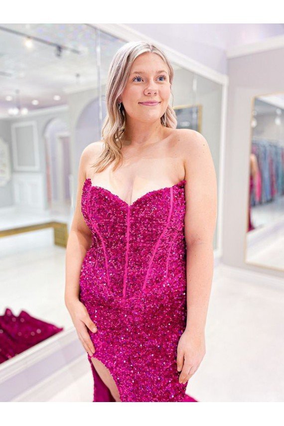Sydney Long Sweetheart Sleeveless Sweep Train Velvet Sequin Prom Dress with Slit
