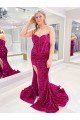 Sydney Long Sweetheart Sleeveless Sweep Train Velvet Sequin Prom Dress with Slit
