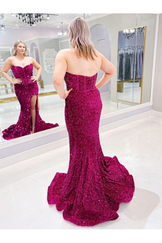 Sydney Long Sweetheart Sleeveless Sweep Train Velvet Sequin Prom Dress with Slit