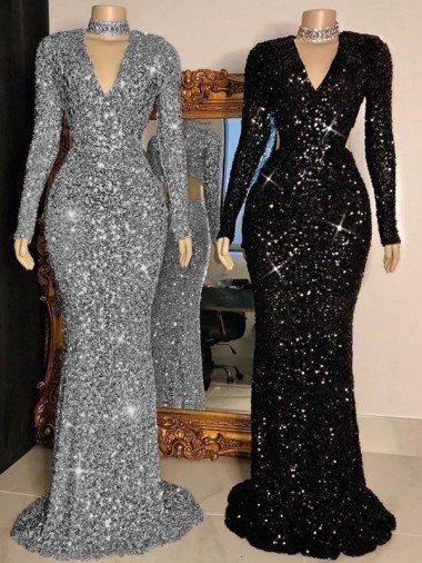 Sydney V-Neck Long Sleeves Long Sweep Train Velvet Sequin Prom Dress