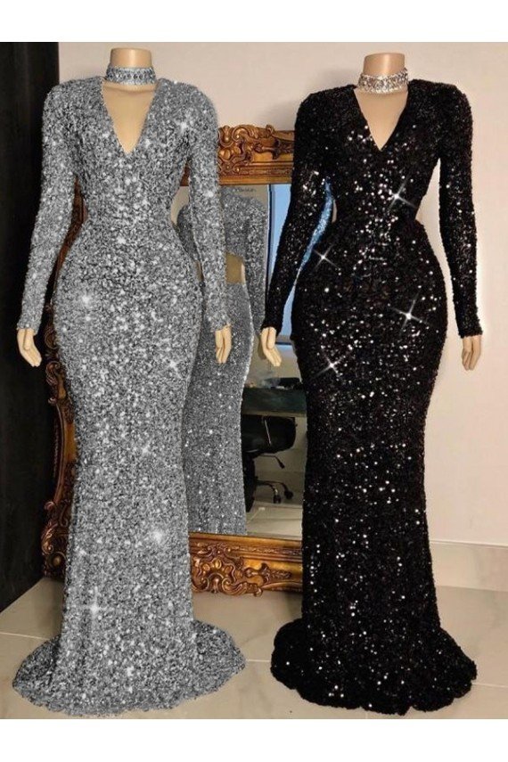 Sydney V-Neck Long Sleeves Long Sweep Train Velvet Sequin Prom Dress
