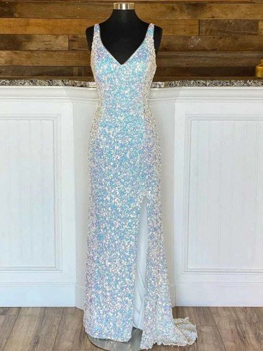 Sydney V-Neck Sleeveless Long Sweep Train Velvet Sequin Prom Dress