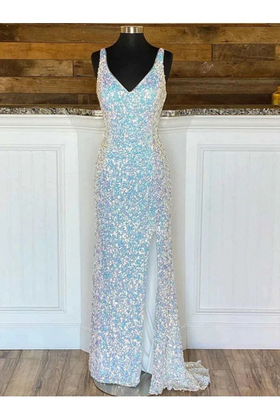 Sydney V-Neck Sleeveless Long Sweep Train Velvet Sequin Prom Dress