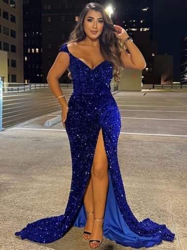 Sydney V-Neck Sleeveless Long Sweep Train Velvet Sequin Prom Dress with Slit