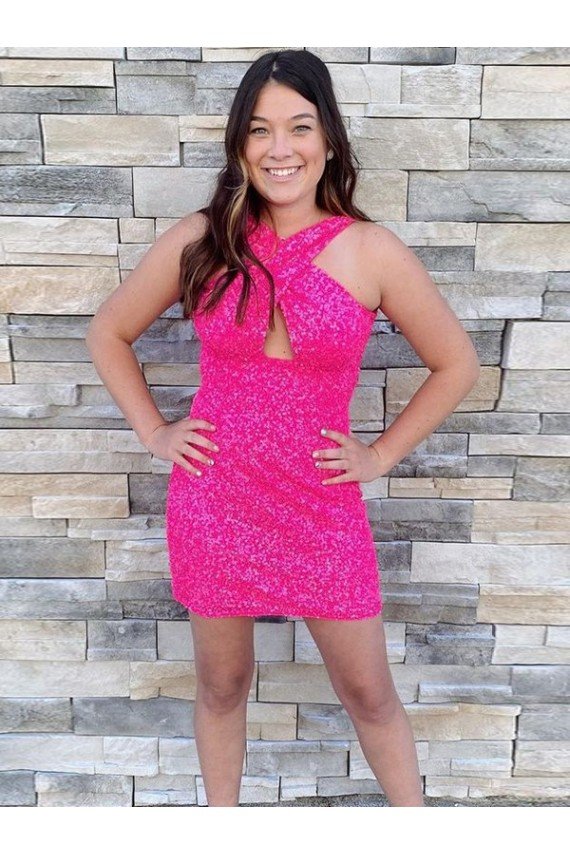 Sydney Halter Sleeveless Short Velvet Sequin Cocktail Homecoming Dress / Prom Dress