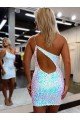 Sydney One Shoulder Keyhole Back Sleeveless Short Velvet Sequin Homecoming Dress / Prom Dress