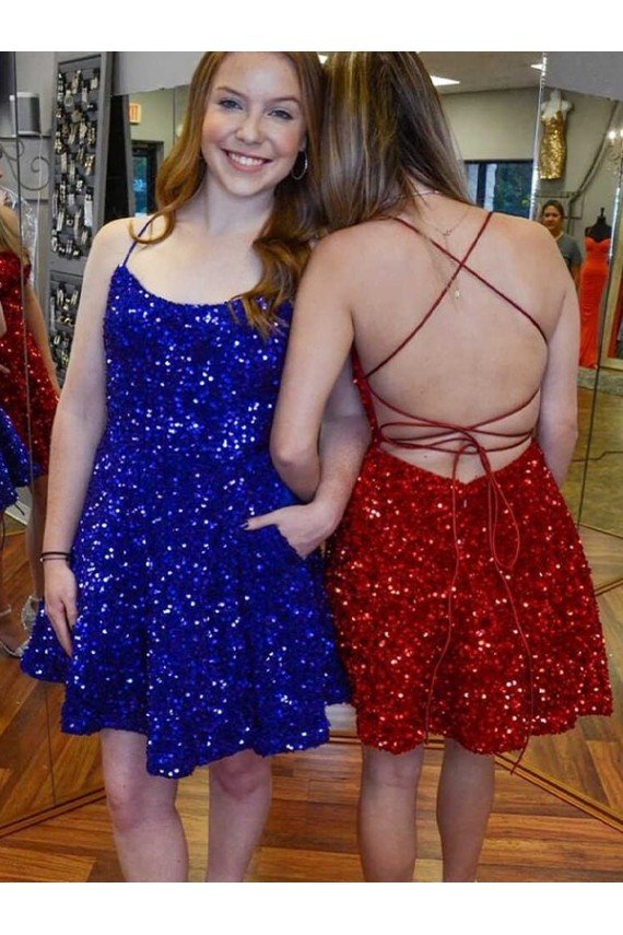 Sydney A-Line Spaghetti Straps Sleeveless Short Velvet Sequin Homecoming Dress / Prom Dress