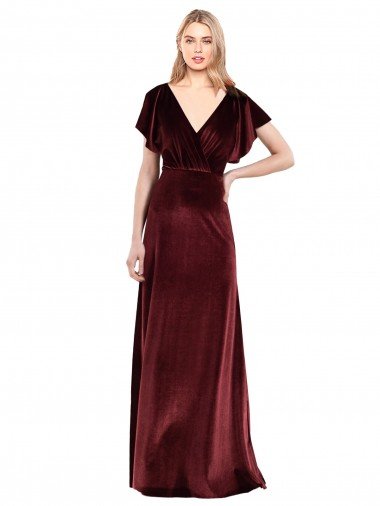 Sydney Flutter Sleeves Open Back Long Velvet Bridesmaid Dress / Prom Dress