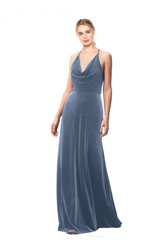Sydney Halter Cowl Neck Long A-Line Velvet Bridesmaid Dress / Prom Dress with Keyhole Back