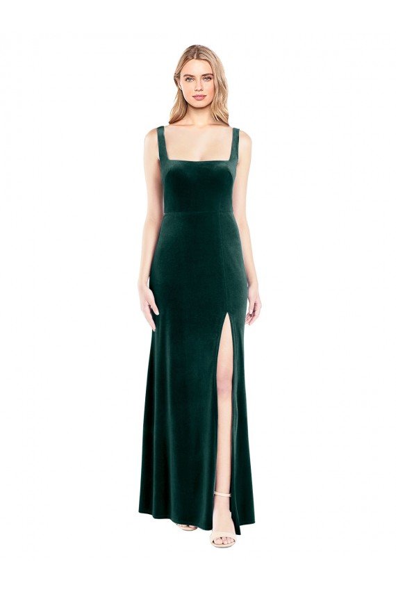 Sydney Square Neck Full Length Velvet Bridesmaid Dress / Prom Dress with Side Slit