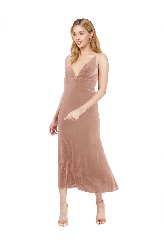 Sydney Midi Cocktail Length Short V-Neck Velvet Bridesmaid Dress / Prom Dress with Notched Neckline