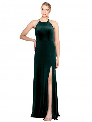 Sydney Long Jewel Neck Full Length Velvet Bridesmaid Dress / Prom Dress with Side Slit