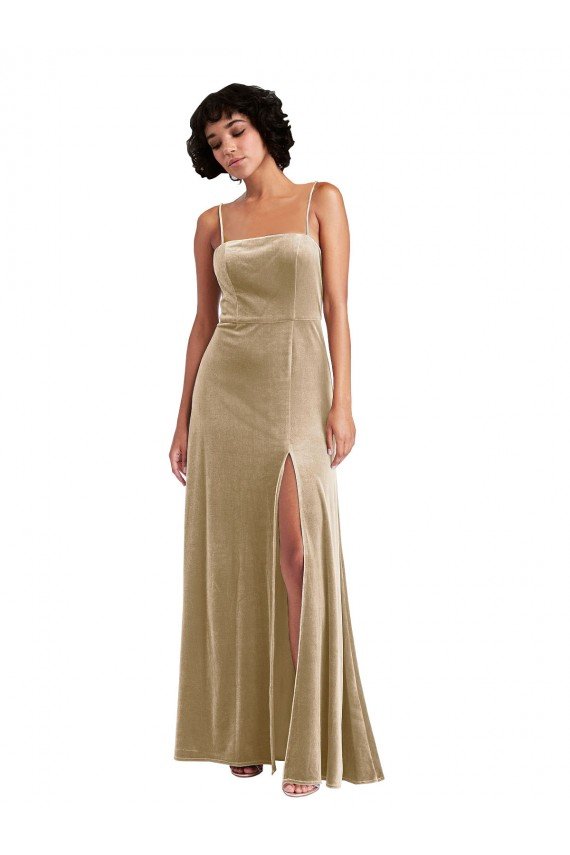 Sydney Square Neck Formal Velvet Maxi Bridesmaid Dress / Prom Dress with Front Slit