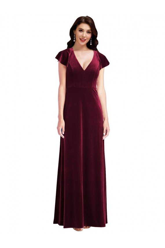 Sydney Flutter Sleeve Velvet Maxi Bridesmaid Dress / Prom Dress with Pockets