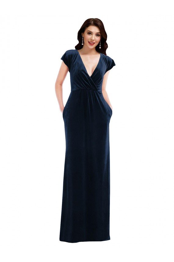 Sydney Flutter Sleeve Wrap Bodice Formal Velvet Maxi Bridesmaid Dress / Prom Dress with Pockets