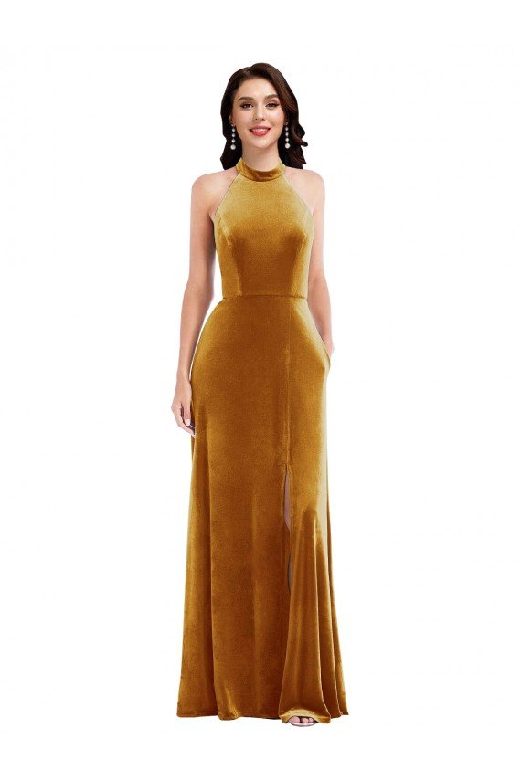 Sydney High-Neck Halter Velvet Maxi Bridesmaid Dress / Prom Dress with Front Slit