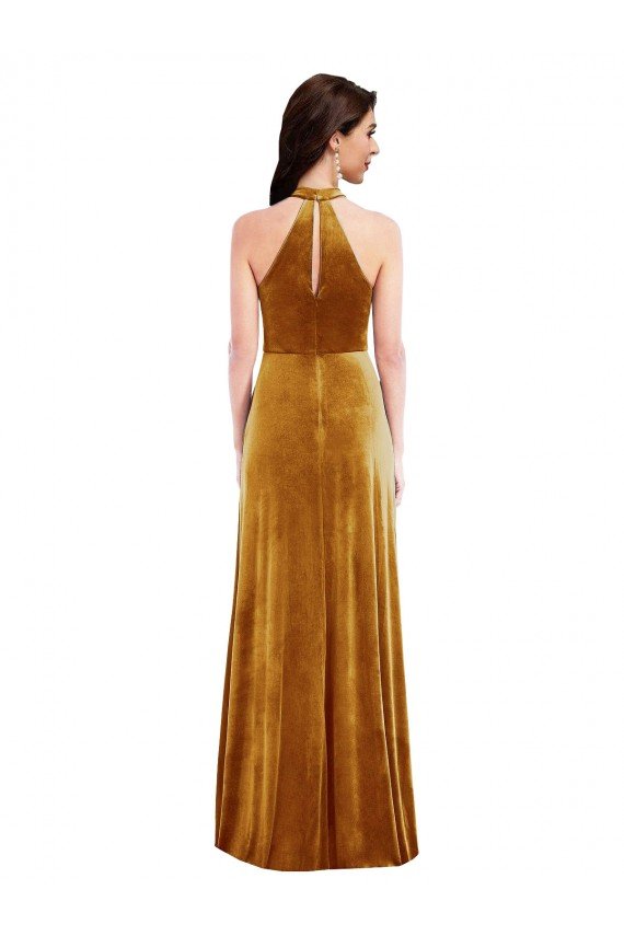 Sydney High-Neck Halter Velvet Maxi Bridesmaid Dress / Prom Dress with Front Slit