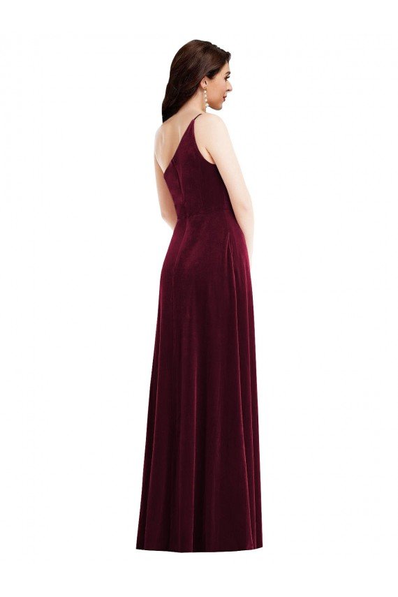 Sydney One Shoulder Spaghetti Strap Velvet Maxi Bridesmaid Dress / Prom Dress with Pockets