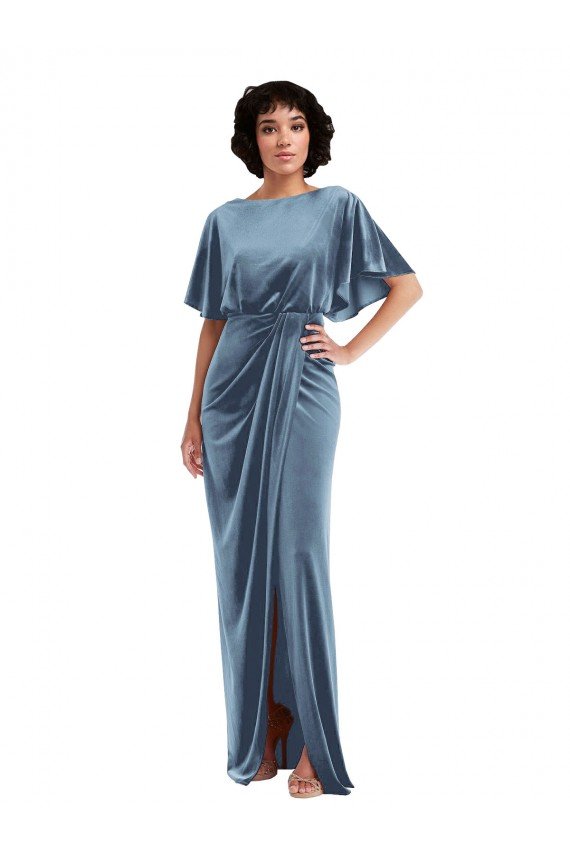 Sydney Flutter Sleeve Open Back Velvet Maxi Bridesmaid Dress / Prom Dress with Draped Wrap Skirt