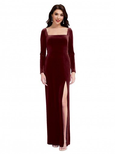 Sydney Sleek Square Neck Spaghetti Straps Velvet Bridesmaid Dress / Prom Dress with Side Slit