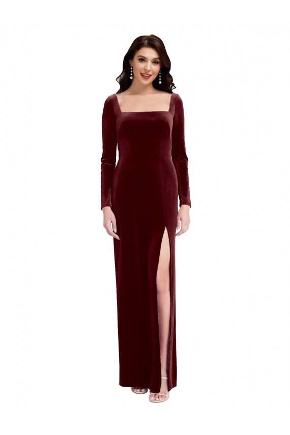 Sydney Sleek Square Neck Spaghetti Straps Velvet Bridesmaid Dress / Prom Dress with Side Slit