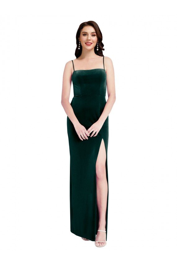Sydney Straight Neckline Spaghetti Straps Long Velvet Bridesmaid Dress / Prom Dress with High Side Slit