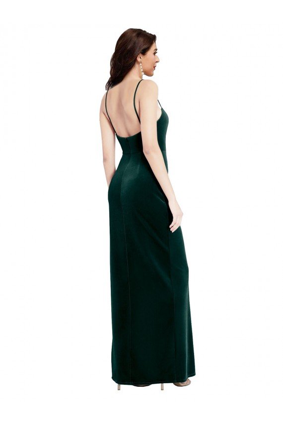 Sydney Straight Neckline Spaghetti Straps Long Velvet Bridesmaid Dress / Prom Dress with High Side Slit