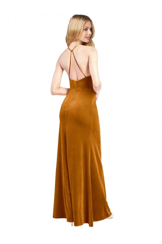 Sydney Halter Neckline Long Full Length Formal Velvet Bridesmaid Dress / Prom Dress with Strappy Back