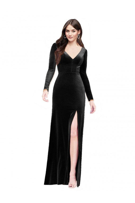 Sydney Long Sleeves Formal Velvet Bridesmaid Dress / Prom Dress with V-Neckline and Thigh Slit