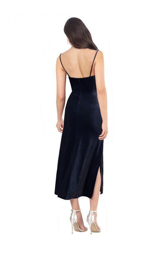 Sydney Midi Cocktail Length Formal Velvet Bridesmaid Dress / Prom Dress with Cowl Neck and Spaghetti Straps