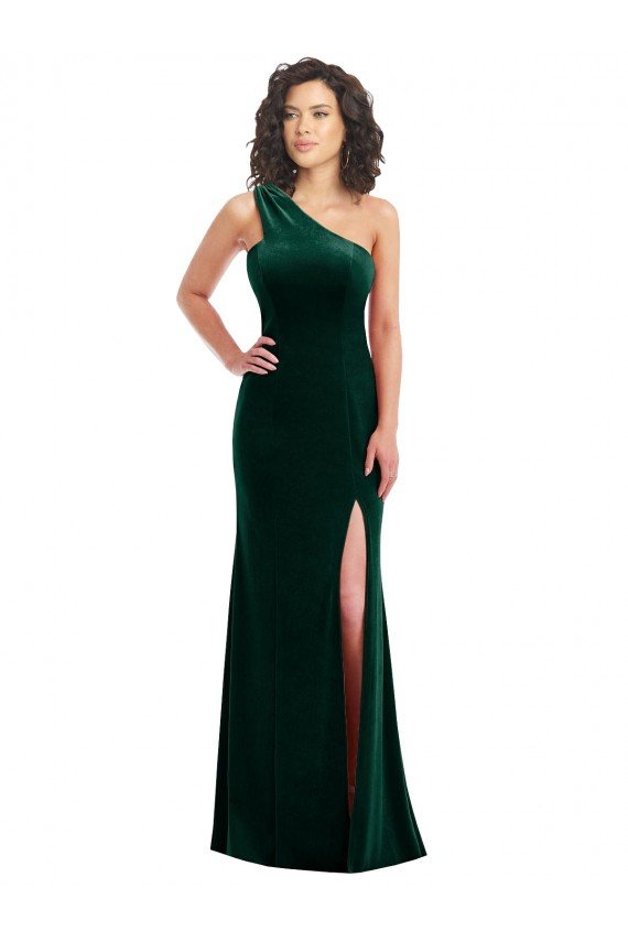 Sydney One Shoulder Velvet Trumpet Bridesmaid Dress / Prom Dress with Front Slit