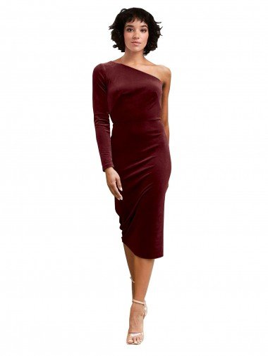 Sydney One Shoulder Fitted Short Midi Length Velvet Bridesmaid Dress / Prom Dress