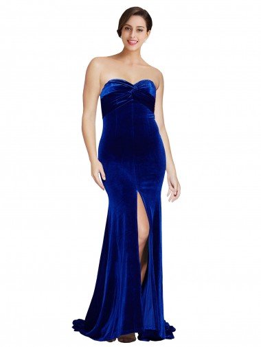 Sydney Strapless Ruched Formal Velvet Bridesmaid Dress / Prom Dress with Sweep Train and Front Slit