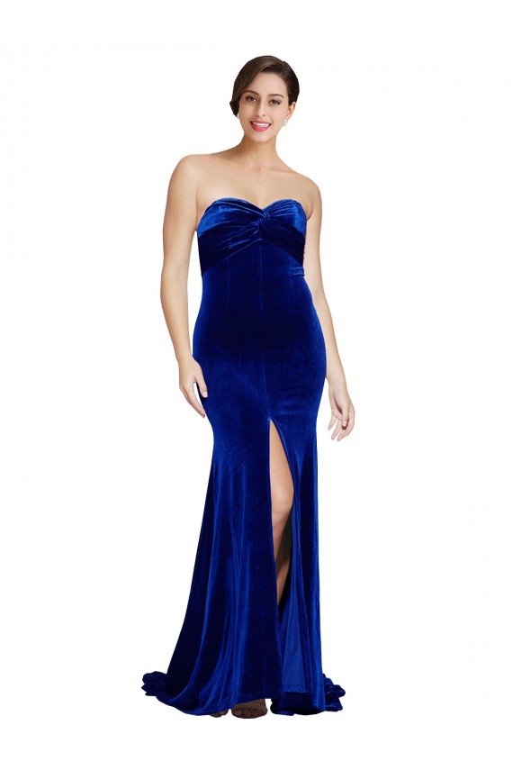 Sydney Strapless Ruched Formal Velvet Bridesmaid Dress / Prom Dress with Sweep Train and Front Slit