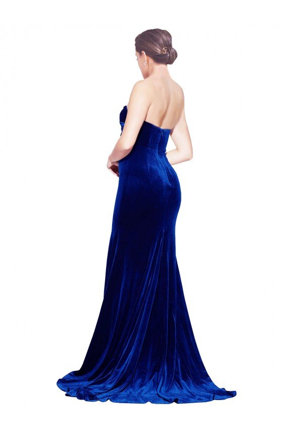 Sydney Strapless Ruched Formal Velvet Bridesmaid Dress / Prom Dress with Sweep Train and Front Slit